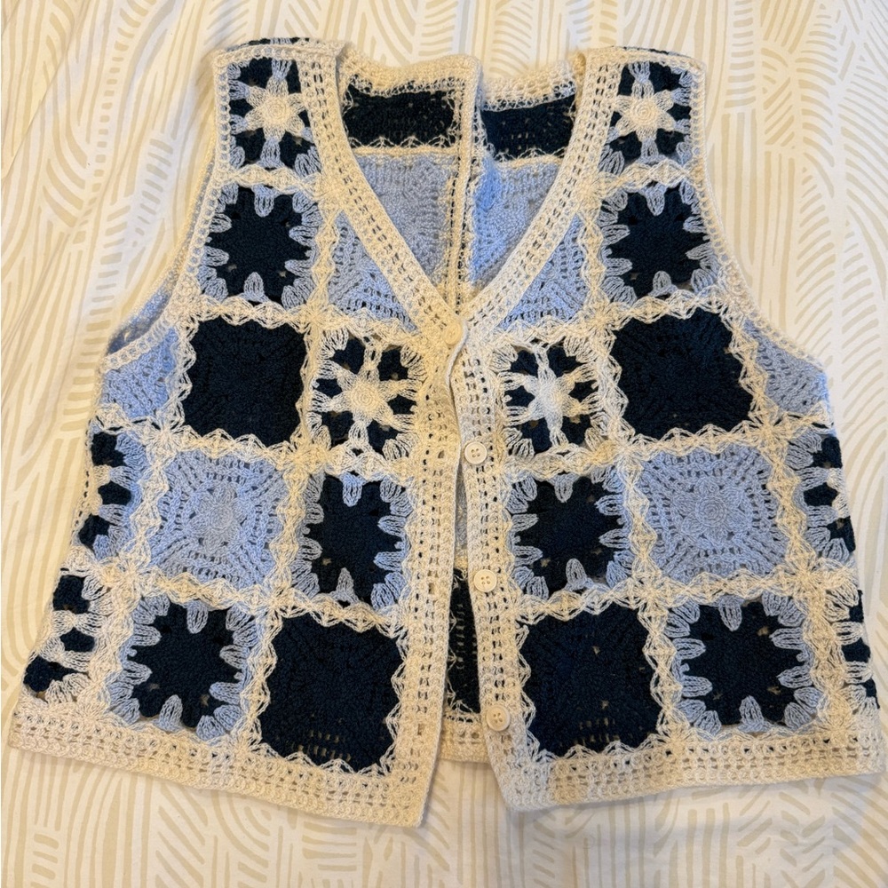 Crochet Patchwork Vest in Blue and Cream